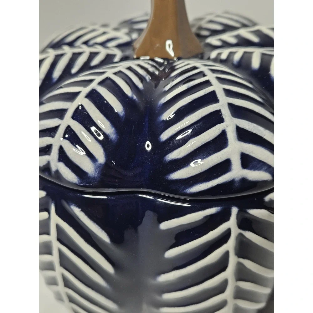 Blue White Ceramic Pumpkin Lidded Candy Dish Jar Thanksgiving Fall Decor 7in